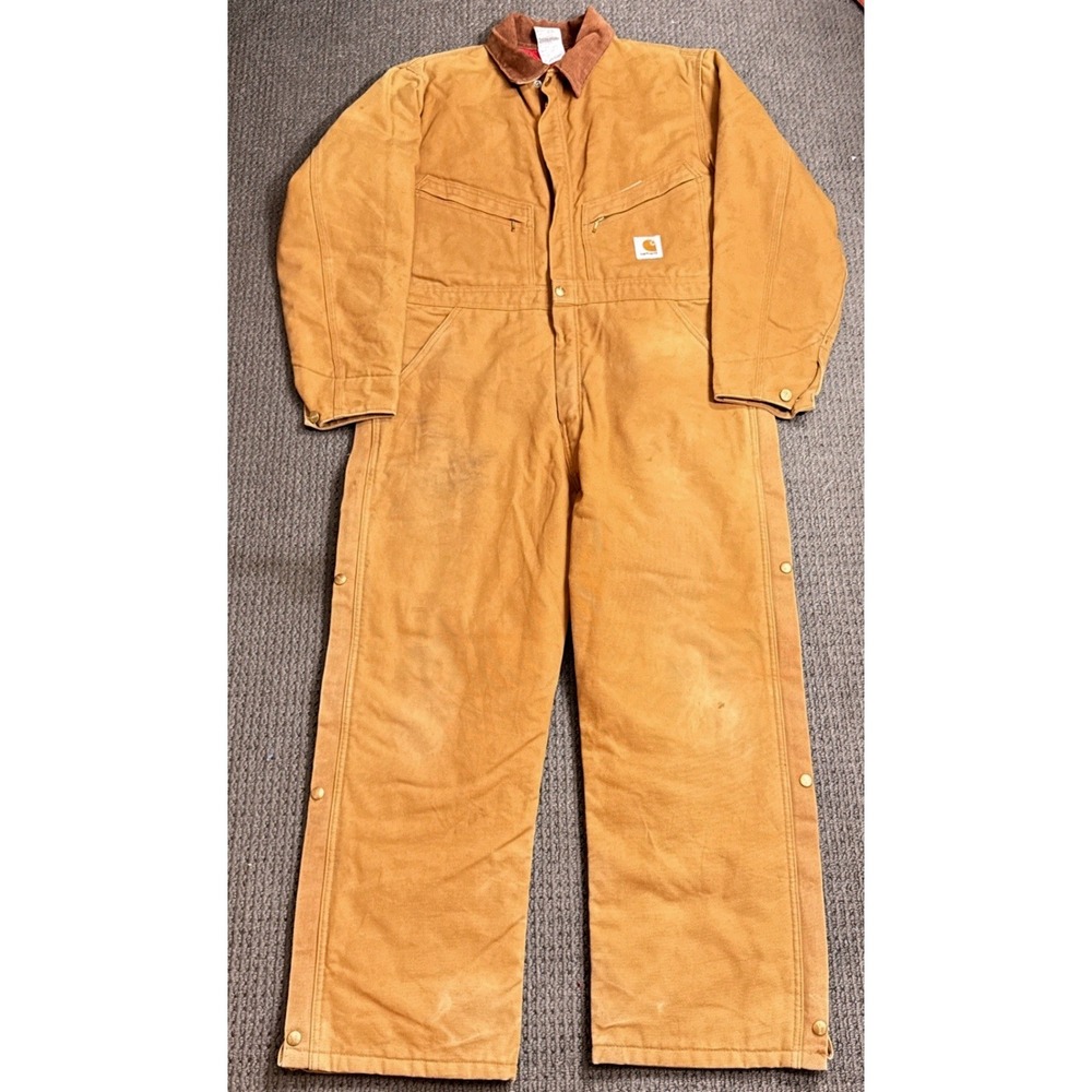 CARHARTT X01 BRN Quilt Lined Duck Coveralls Men 42 Short Brown Made in USA
